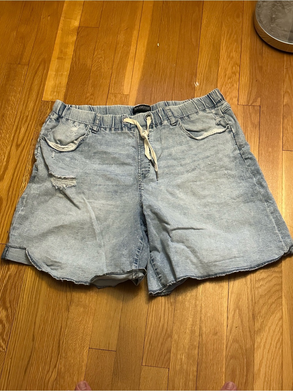 Light Blue Drawstring Denim Shorts with Distressed Detail
